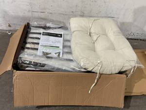 lot 38 image: Storkcraft Premium Hoop Espresso Glider and Ottoman with Beige Cushions