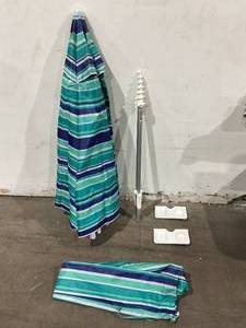 lot 79 image: 7.5 ft. BlueAqua Stripe Beach Umbrella for Sand with Carry Bag