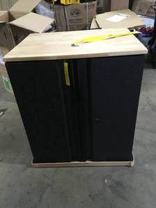 lot 3 image: Husky Pro Duty Welded 20-Gauge Steel 2-Door Garage Base Cabinet in Black LINE-X (28 in. W x 33 in. H x 21.5 in. D) customer return review pictures