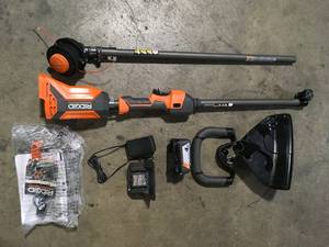 lot 10 image: RIDGID 18V Brushless 14 in. Cordless Battery String Trimmer with 4.0 Ah Battery and Charger customer return see pictures