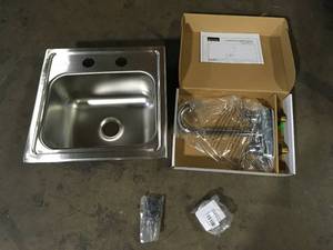 lot 13 image: Elkay 15 in. Drop-in Single Bowl 20 Gauge Stainless Bar Sink with Faucet  customer return see pictures