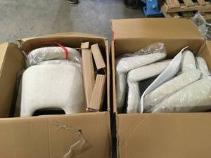 lot 36 image: Lot of 2 Sets Upholstered Modern Cutout Back Dining Chair with Walnut Leg (Set of 4) customer returns review pictures
