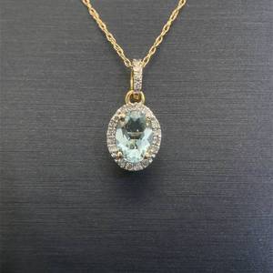 lot 36 image: Oval Natural Aquamarine & Diamond Drop Pendant Necklace in 14k Yellow Gold $1,470 Retail