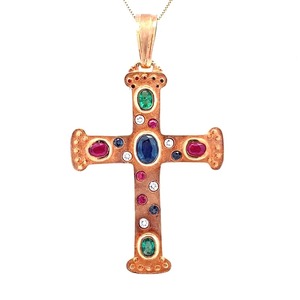lot 20B image: An Estate Treasure LARGE Fancy Multi-Color Natural Precious Gemstone Cross Pendant in 14k Yellow Gold - Very Fine Emerald, Blue Sapphire, Ruby $6,800 Retail VIDEO