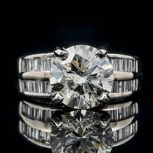 lot 1 image: 3.50 Carat Diamond Round Brilliant Cut Solitaire, Double Row Baguette Diamond Engagement Ring in 18k White Gold $10,750 Retail VIDEO