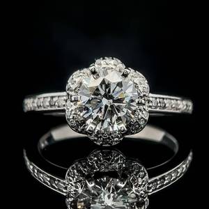 lot 3 image: 1.53 Carat Diamond Round Brilliant Cut Solitaire, Micro Pave Flower Petal Engagement Ring in 14k White Gold $5,000 Retail VIDEO