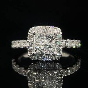 lot 7 image: 1.75 Carat Diamond Princess Square Halo Cluster Illusion Bridal Engagement Ring in 14k White Gold $3,320 Retail VIDEO