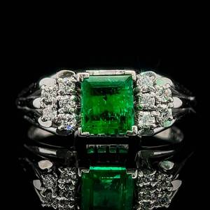 lot 10 image: Natural Emerald Solitaire & Diamond Cluster Art Deco Style Ring in Platinum $2,699 Retail VIDEO
