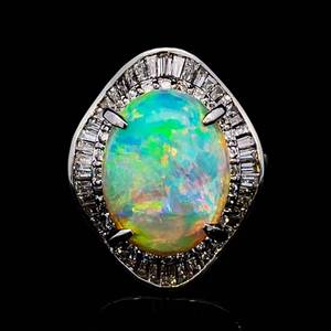 lot 12 image: Extravagant Platinum Estate Ring Large 6.25 Carat Natural Opal & Diamond Cocktail Ring $7900 Retail VIDEO