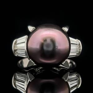 lot 16 image: Natural Black Aubergine Tahitian Pearl & Diamond Baguette Channel Ring in Platinum $3,650 Retail VIDEO