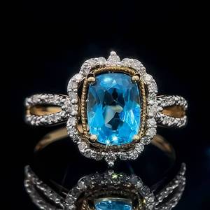 lot 27 image: Elegant Beauty Natural Blue Topaz & Diamond Twisted Rope Vintage Style Halo Ring in 14k Yellow Gold $2,400 Retail VIDEO