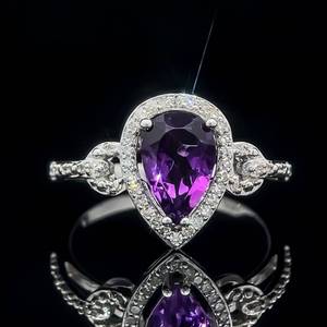 lot 28 image: Pear Shaped Natural Amethyst & Diamond Vintage Style Halo Ring in 14k White Gold $2,250 Retail VIDEO