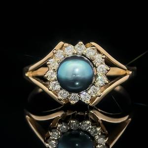 lot 37 image: Natural Blue Pearl & Diamond Halo Split Band Ring 14k Yellow Gold $1,575 Retail VIDEO