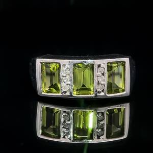 lot 39 image: Rectangular Three-Stone Natural Peridot & Diamond Ring in 14k White Gold $1,500 Retail VIDEO