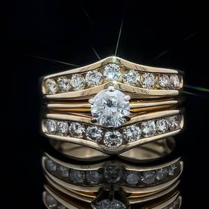 lot 41 image: 0.83ct Diamond Solitaire & Double Chevron Band Triple Bridal Ring in 14k Yellow Gold $4870 Retail VIDEO