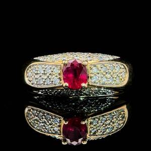 lot 42 image: Natural 0.65ct Ruby Oval Solitaire & Diamond Pave Ring in 18k Yellow Gold $2,850 Retail VIDEO