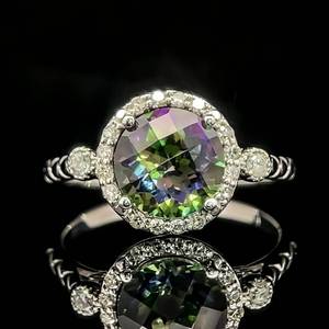 lot 43 image: Mystic Topaz & Diamond Halo Textured Filigree Ring in 14k White Gold $1,640 Retail