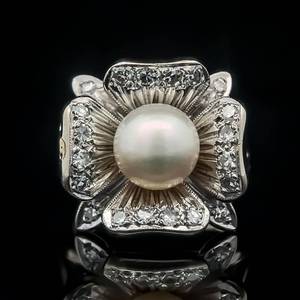 lot 50 image: White Cultured Pearl & Diamond Hibiscus Hawaiian Flower Ring in 14k White Gold $3863 Retail