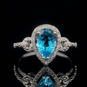 lot 51 image: Natural Pear Blue Topaz & Diamond Vintage Style Halo Cluster Ring in 14k White Gold