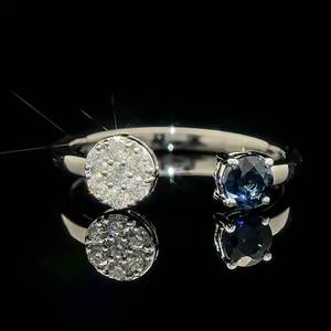 lot 58 image: Natural Blue Sapphire Solitaire & Diamond Pave Open Cuff Ring in 14k White Gold $1,799 Retail