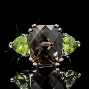 lot 60 image: Large Checkerboard Cushion Natural Smoky Quartz & Triangle Peridot Three-Stone Ring in 14k White Gold $1,400 Retail