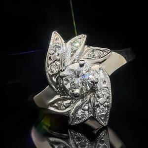 lot 61 image: Diamond Art Nouveau Flower Pave Milgrain Petal Ring in 14k White Gold $1,350 Retail