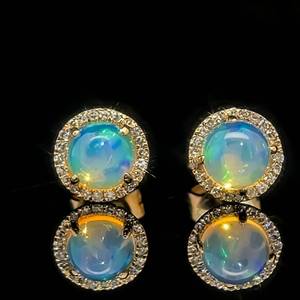 lot 12B image: Oval Cabochon Natural Opal & Diamond Round Halo Stud Earrings in 14k Yellow Gold VIDEO