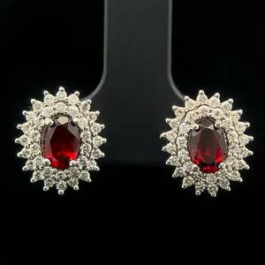 lot 18 image: Natural Ruby & Diamond Cluster Halo Stud Earrings in 14k White Gold w Screw Backs $2,100 Retail