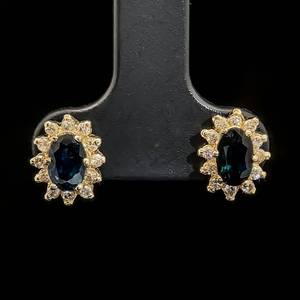 lot 59 image: 6-Prong Vintage Style Natural Blue Sapphire & Diamond Oval Halo Cluster Stud Earrings in 14k Yellow Gold $1,440 Retail