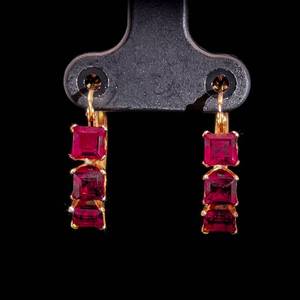 lot 60B image: Asscher Natural Garnet 3-Stone Round Hoop Earrings in 14k Yellow Gold.  VIDEO 