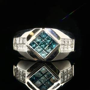 lot 25B image: Mens 2.25 Carat Fancy Blue & White Diamond Princess Cut Geometric Square Modern Ring in 18k White Gold $5900 Retail Video