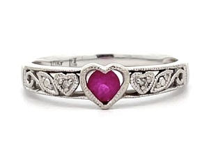 lot 69B image: Ladies Ruby Heart & Diamond Ring with Scrolling Filigree in White Gold.