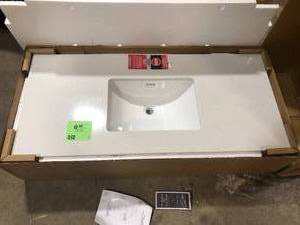 lot 7 image: Home Decorators Collection 49 in. W x 22 in. D Engineered Marble Vanity Top in Snowstorm with White Single Trough Sink  Customer Returns See Pictures