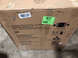 lot 41 image: Husky Ready-to-Assemble 24-Gauge Steel 1-Drawer 2-Door Garage Base Cabinet in Red (28 in. W x 33 in. H x 18 in. D)  Customer Returns See Pictures