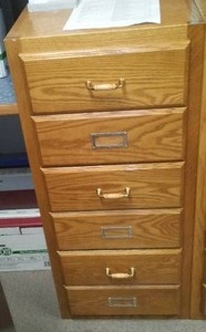lot 490 image: 3 Drawer Wood Filing Cabinet.