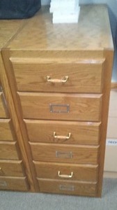 lot 492 image: 3 Drawer Wood Filing Cabinet.