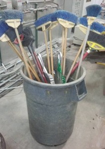 lot 843 image: Brooms, Dustpans, And Garbage Can.