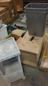 lot 604 image: Step Box, Cart, New Garbage cans.