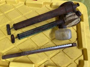 lot 37 image: Two Vintage Insect Sprayers - Hudson Sprayer and a Black Flag Sprayer, Mountain Woods Hand Saw, and Two Splitting Maul Heads
