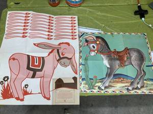 lot 42 image: Vintage Toys including Two Cans of Tinker Toys, Pieces to an Erector Set, Pin the Tail of the Donkey Set, Cracker Jack Toys, and More