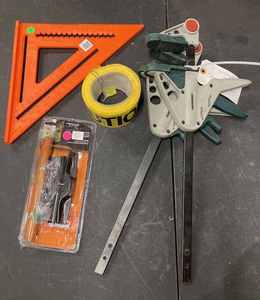 lot 54 image: Skil Recipricating Saw with Extra Blades, Speed Square, Pruning Shears, Pair of Ratchet Bar Clamps, Wooden Hammers, Caution Tape, Safety Glasses & More