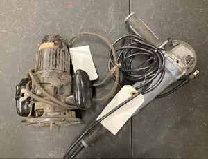 lot 56 image: Power Tools and Extension Cords Angle Grinder, Router, Jig Saw, Old Sander, Tape Measurer, and a 50-foot Extension Cord