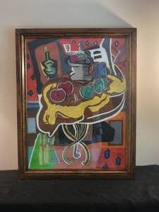 lot 75 image: Framed Fruit Still Life Painting in the Style of Pablo Picasso