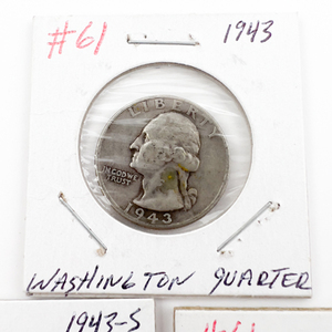 1943, 1943-D, 1943-S Washington Silver Quarters.