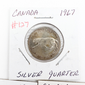 Canadian Silver 1967 Silver Quarter, 1935 Silver Quarter (Worn), 1958 Silver Dime