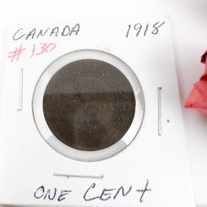 1918 Canadian Large Cent, 1938 and 1939 Small Cents and 2 Rolls of Canadian Cents, 40s, 50s, 60s