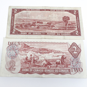 (2) Canadian Two Dollar Bills Series 1954, 1974.