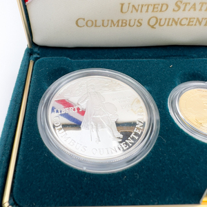 1992 Columbus Quincentenary Commemorative Three Coin Proof Set. GOLD Five Dollar Coin, SILVER Dollar Coin, Half Dollar Coin