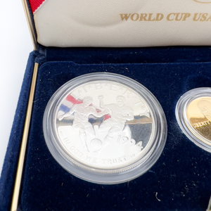 1994 World Cup USA Commemorative Three Coin Proof Set. GOLD Five Dollar Coin, SILVER Dollar Coin, Half Dollar Coin