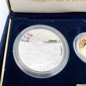 1991-1995 World War Ii 50th Anniversary Three Coin Proof Set. GOLD Five Dollar Coin, SILVER Dollar Coin, Half Dollar Coin